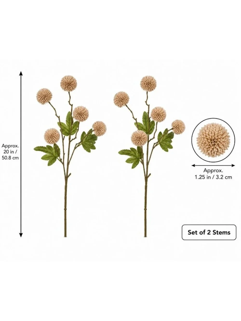Warm Taupe Beige Pom Pom Chrysanthemum Stems Set of 2, 20 Inch Artificial Silk F